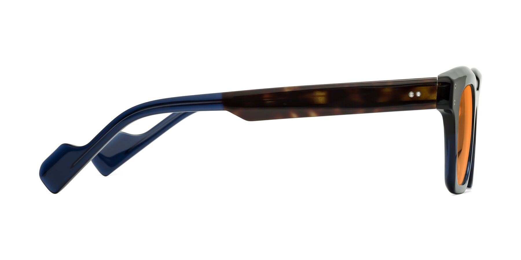 Side of Perez in Dark Tortoise/Blue with Orange Tinted Lenses