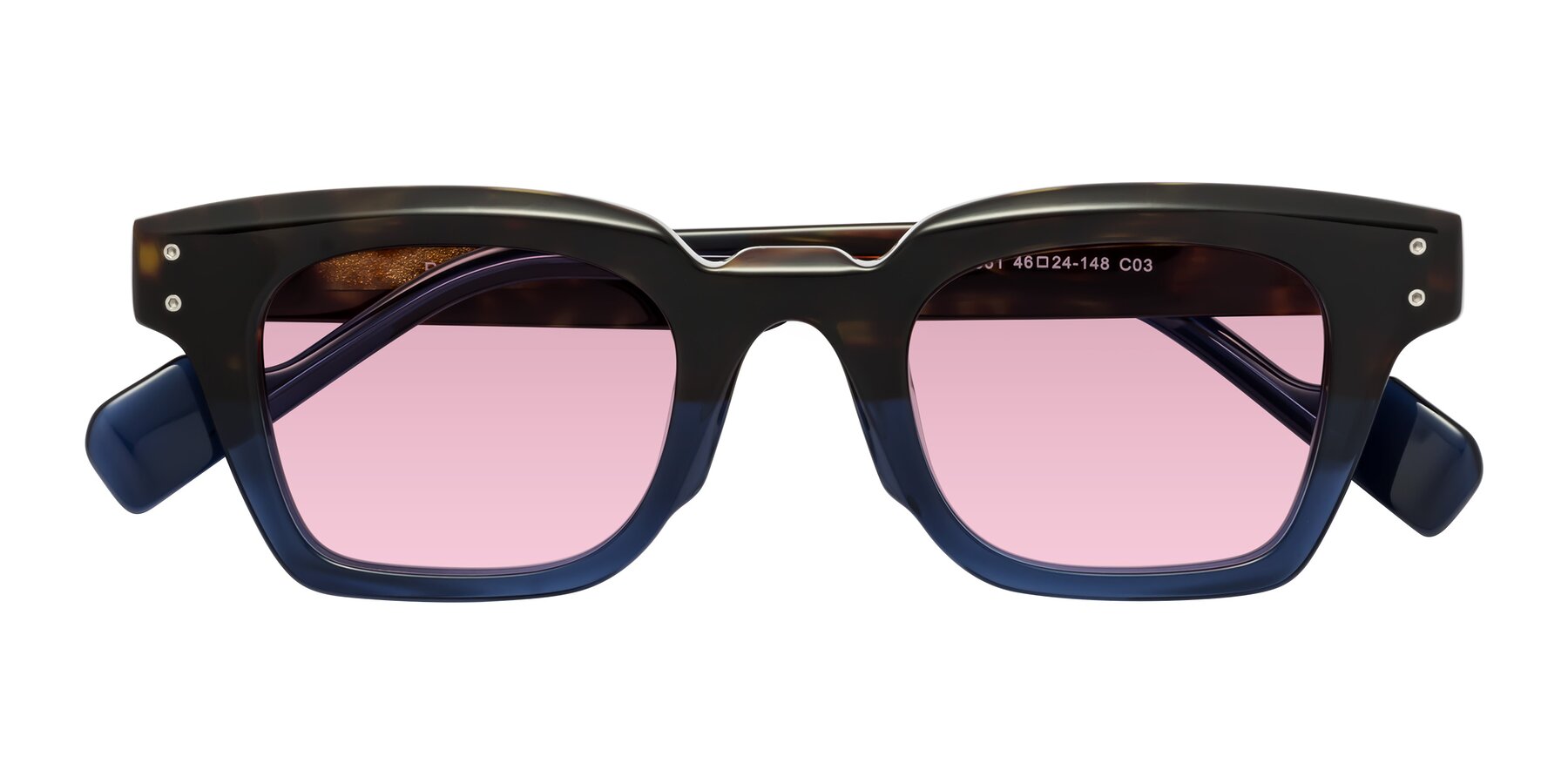 Folded Front of Perez in Dark Tortoise/Blue with Light Wine Tinted Lenses