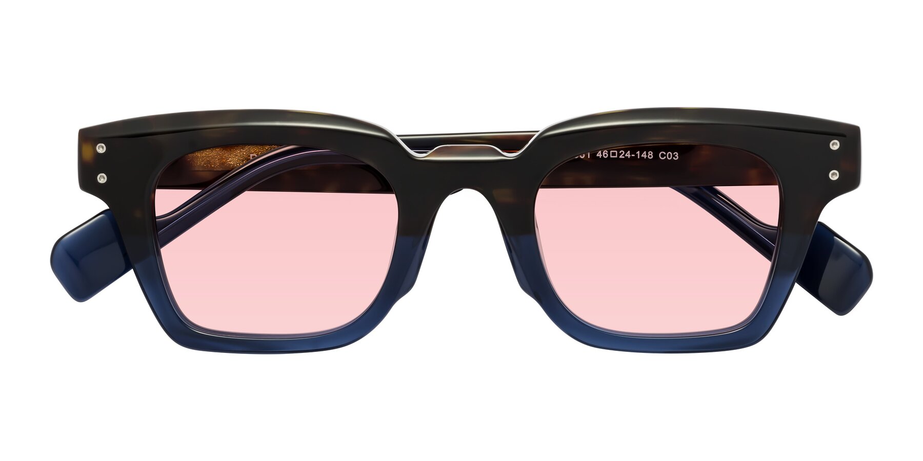 Folded Front of Perez in Dark Tortoise/Blue with Light Garnet Tinted Lenses