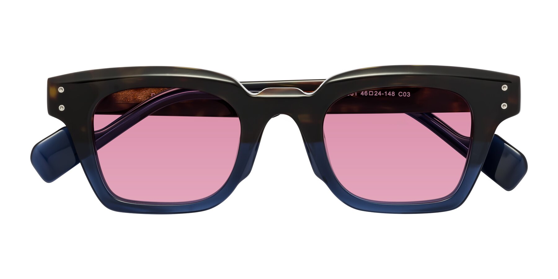 Folded Front of Perez in Dark Tortoise/Blue with Medium Wine Tinted Lenses