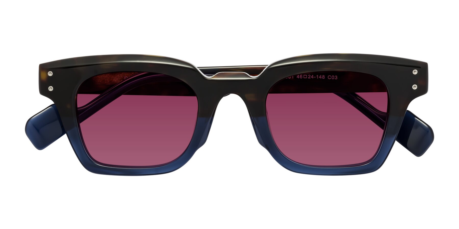 Folded Front of Perez in Dark Tortoise/Blue with Wine Tinted Lenses