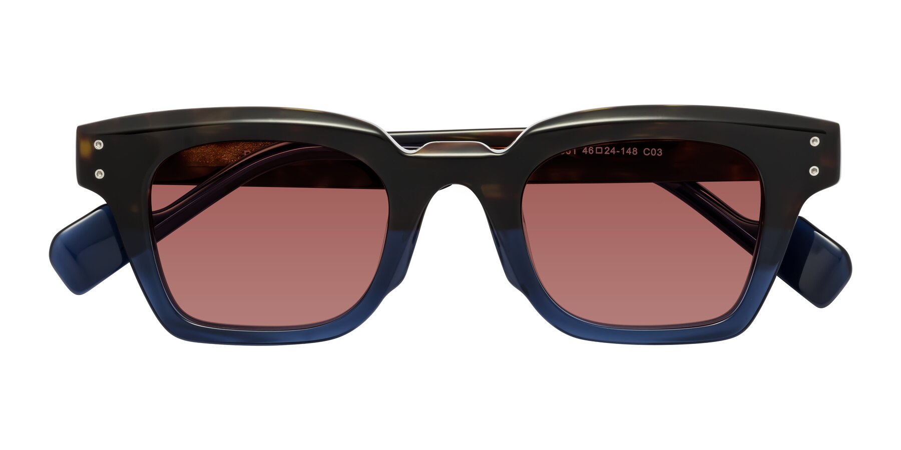 Folded Front of Perez in Dark Tortoise/Blue with Garnet Tinted Lenses