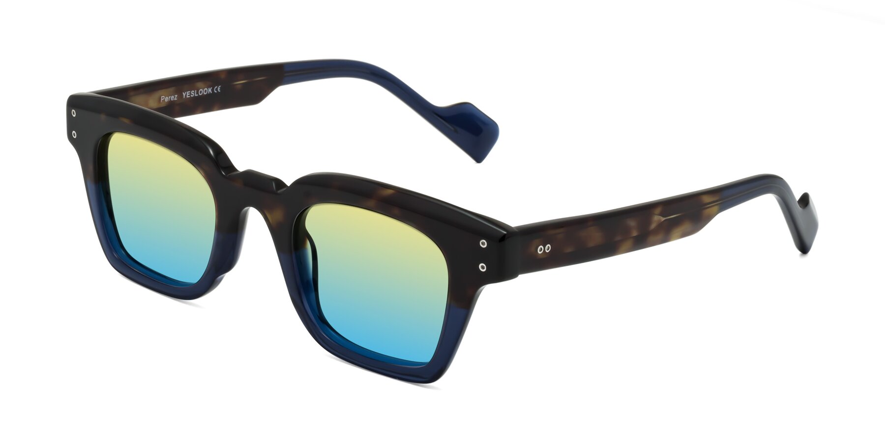 Angle of Perez in Dark Tortoise/Blue with Yellow / Blue Gradient Lenses