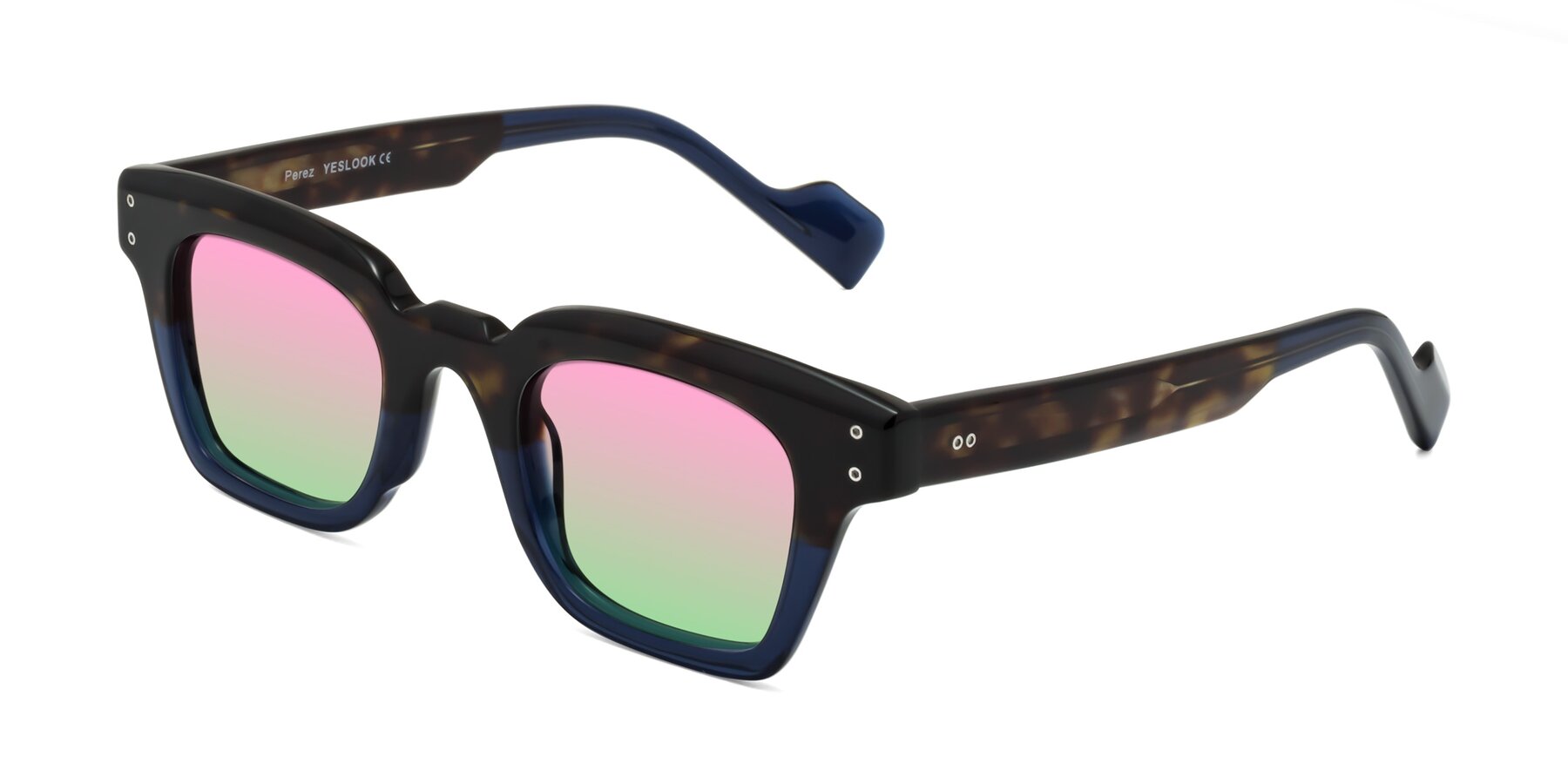Angle of Perez in Dark Tortoise/Blue with Pink / Green Gradient Lenses