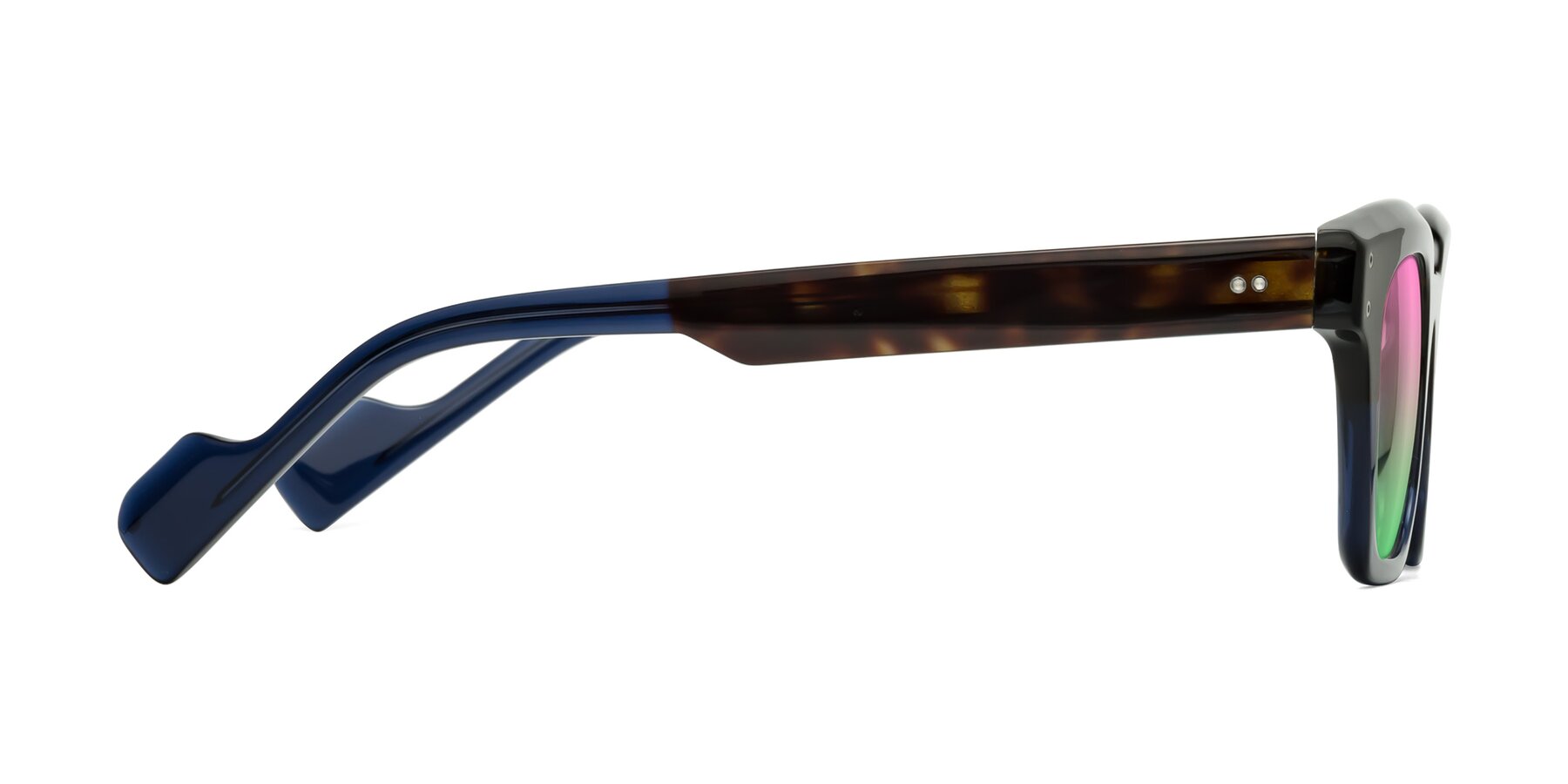 Side of Perez in Dark Tortoise/Blue with Pink / Green Gradient Lenses