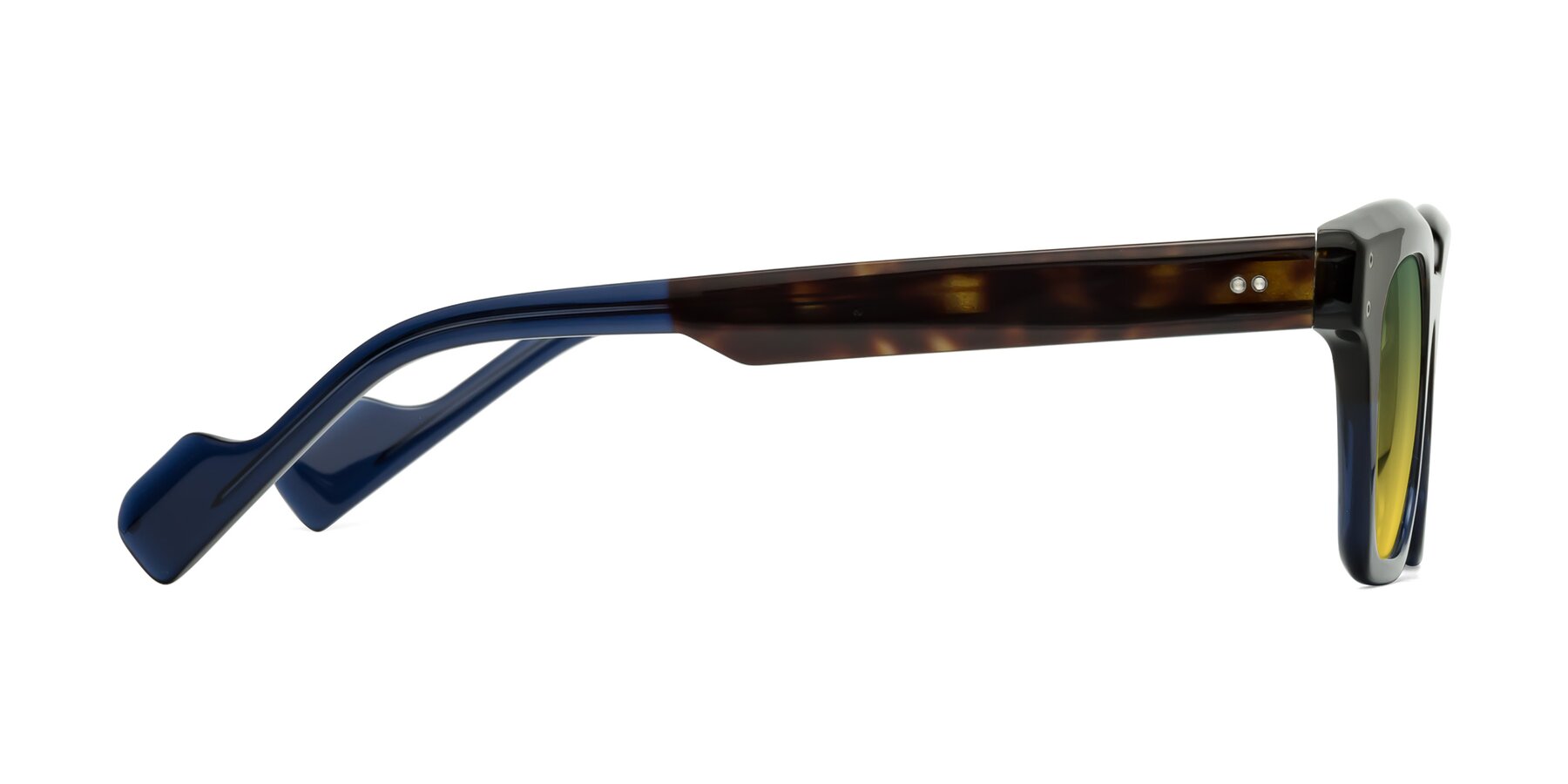 Side of Perez in Dark Tortoise/Blue with Green / Yellow Gradient Lenses
