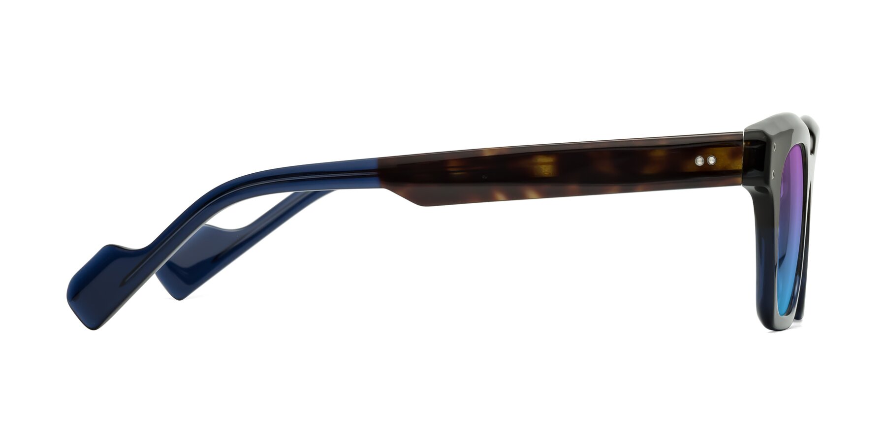 Side of Perez in Dark Tortoise/Blue with Purple / Blue Gradient Lenses
