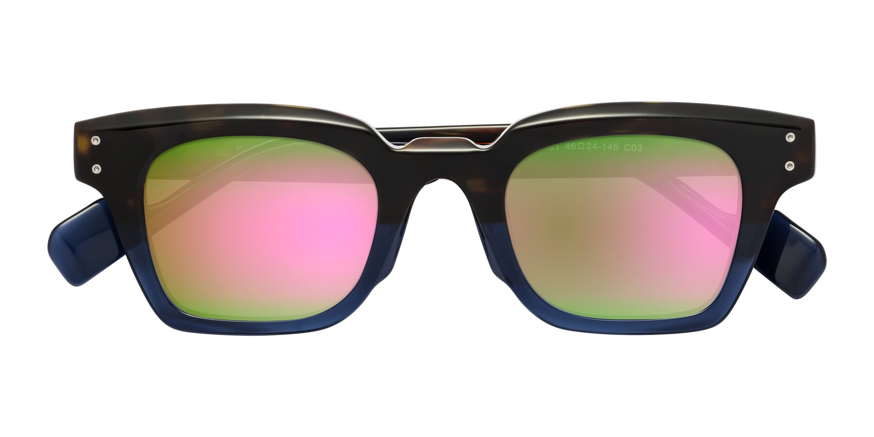 Folded Front of Perez in Dark Tortoise/Blue with Pink Mirrored Lenses
