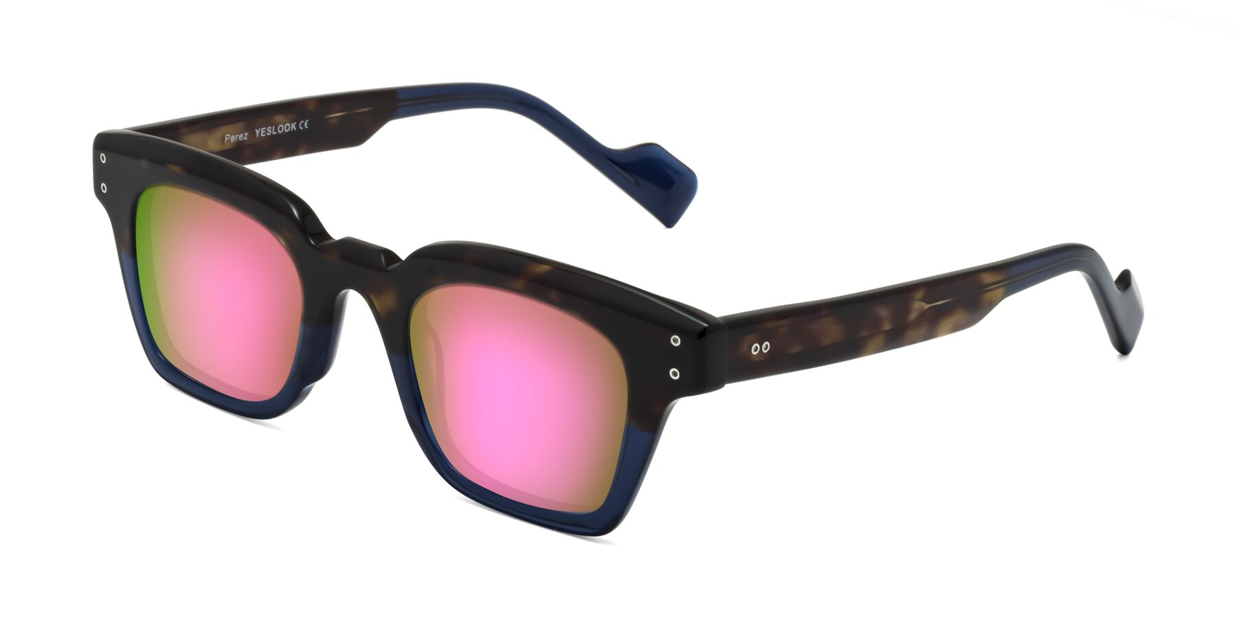 Angle of Perez in Dark Tortoise/Blue with Pink Mirrored Lenses