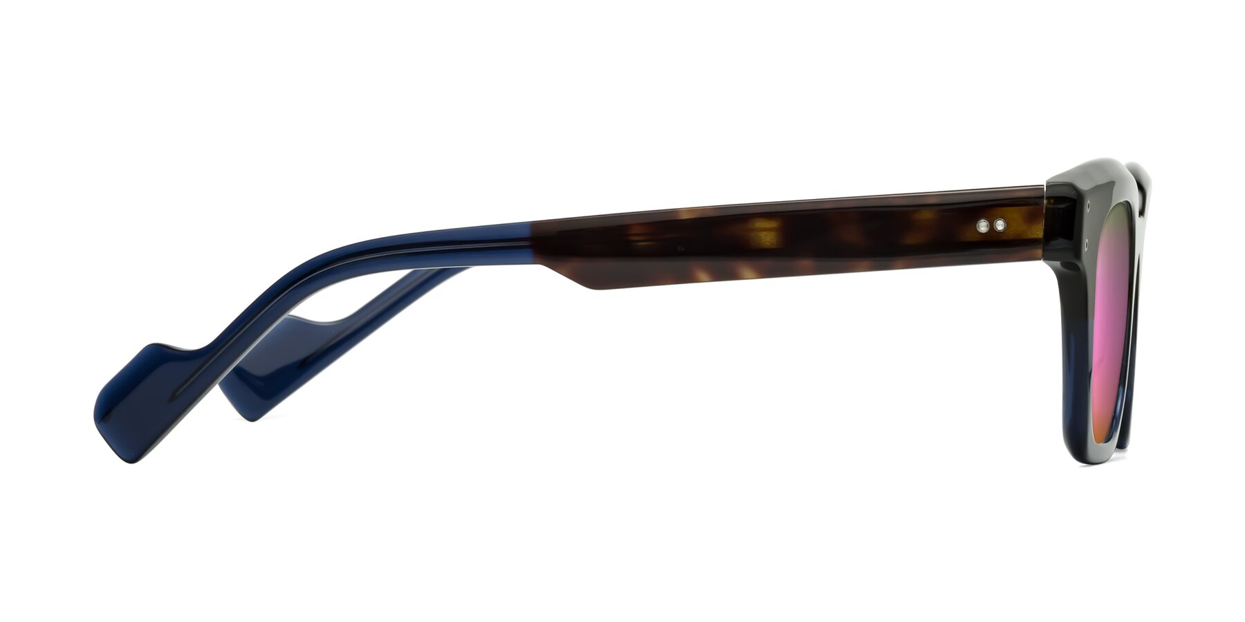 Side of Perez in Dark Tortoise/Blue with Pink Mirrored Lenses