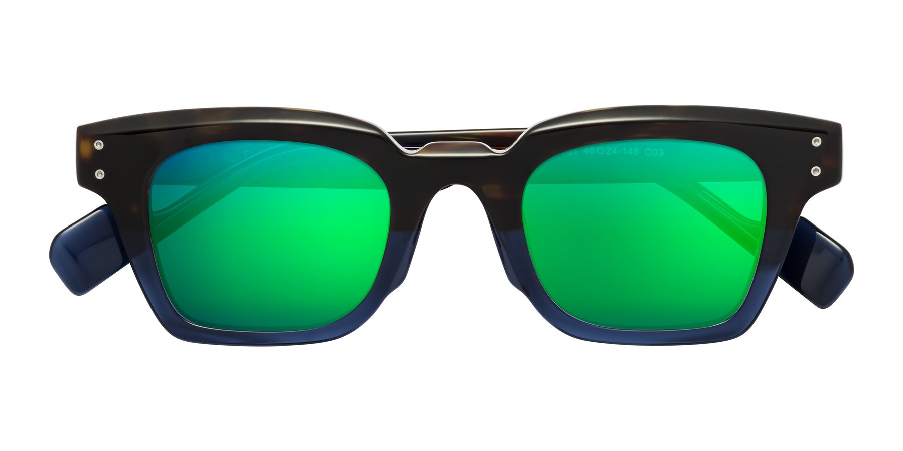 Folded Front of Perez in Dark Tortoise/Blue with Green Mirrored Lenses
