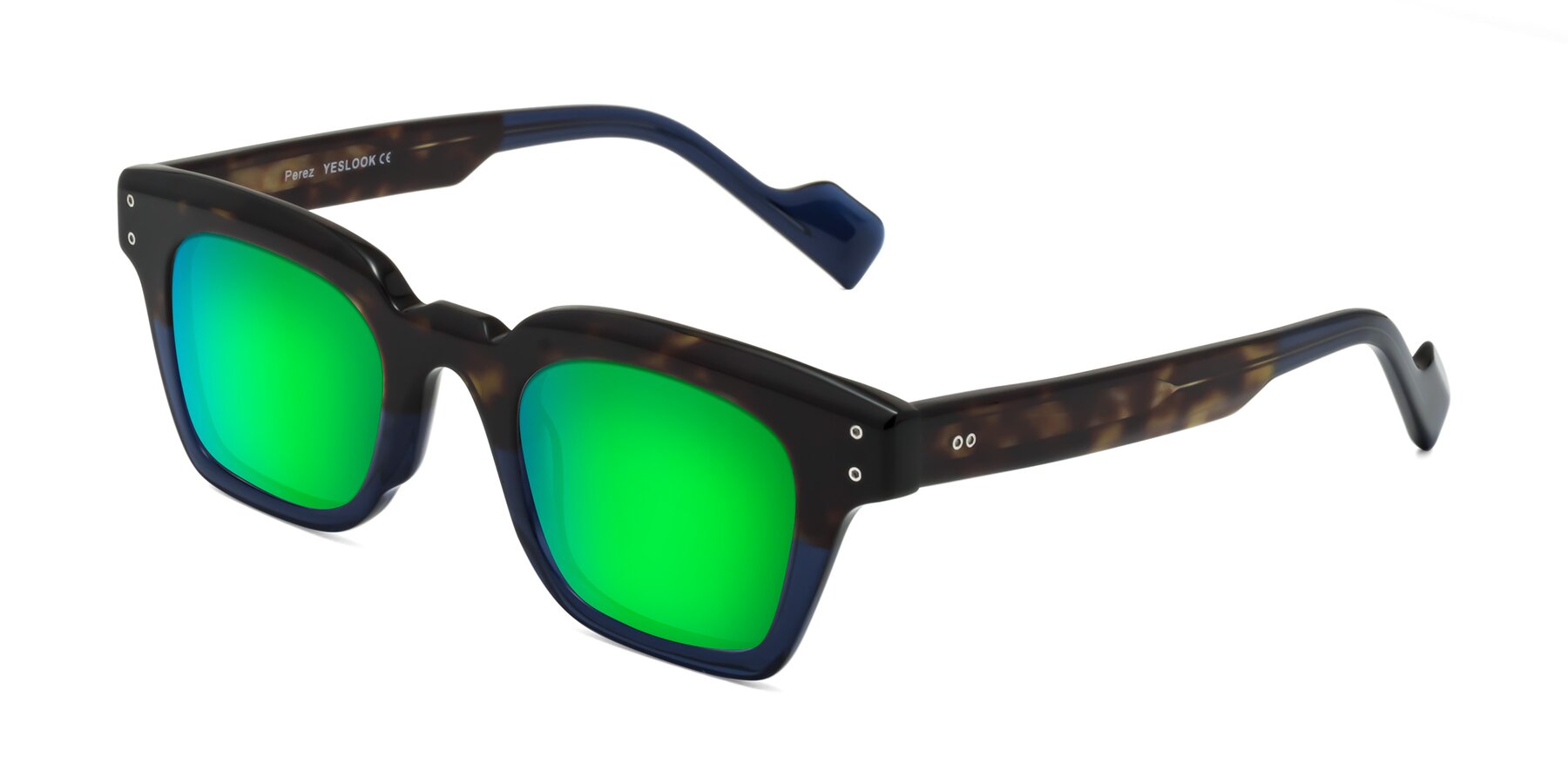 Angle of Perez in Dark Tortoise/Blue with Green Mirrored Lenses