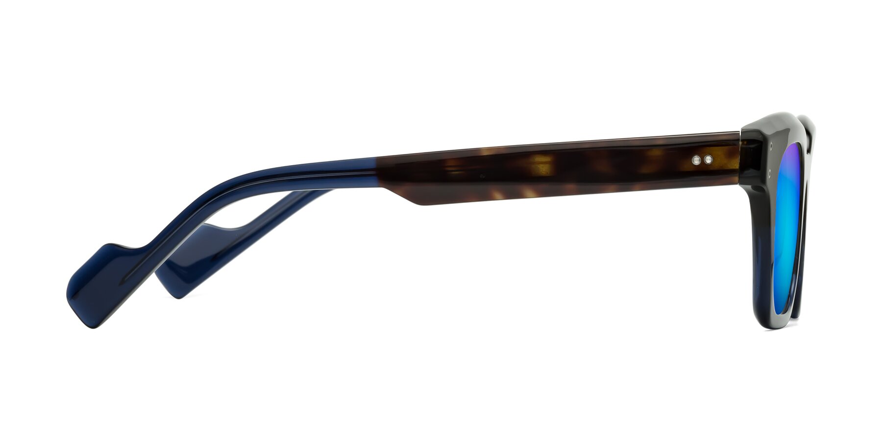 Side of Perez in Dark Tortoise/Blue with Blue Mirrored Lenses