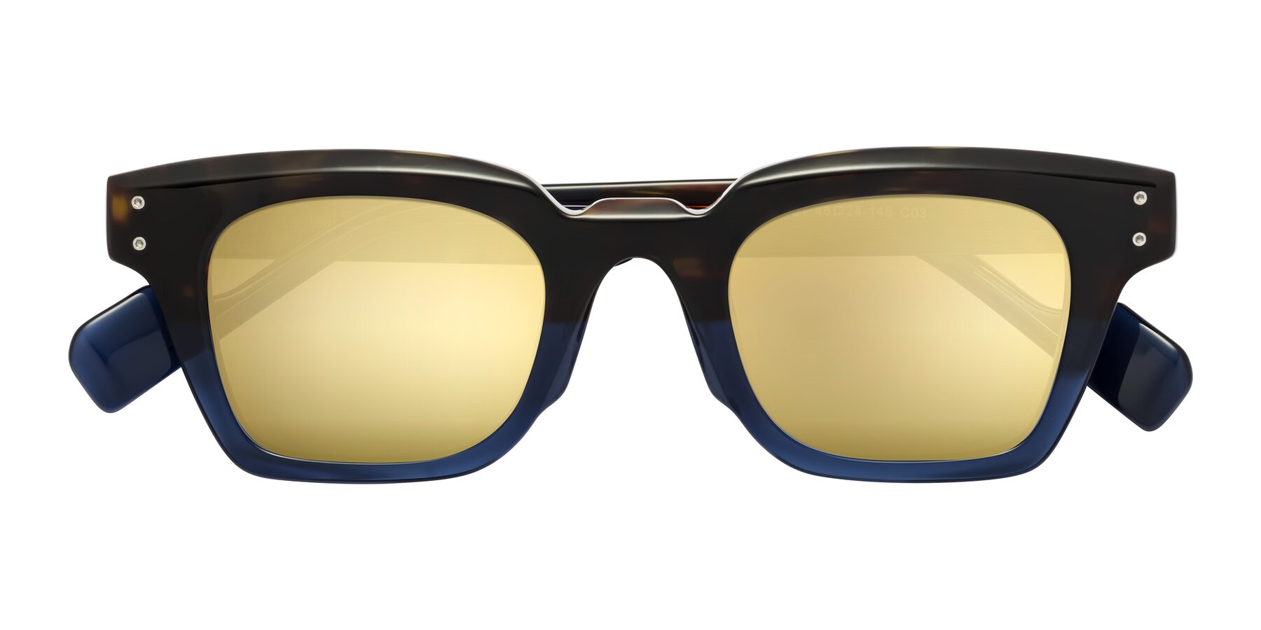 Folded Front of Perez in Dark Tortoise/Blue with Gold Mirrored Lenses
