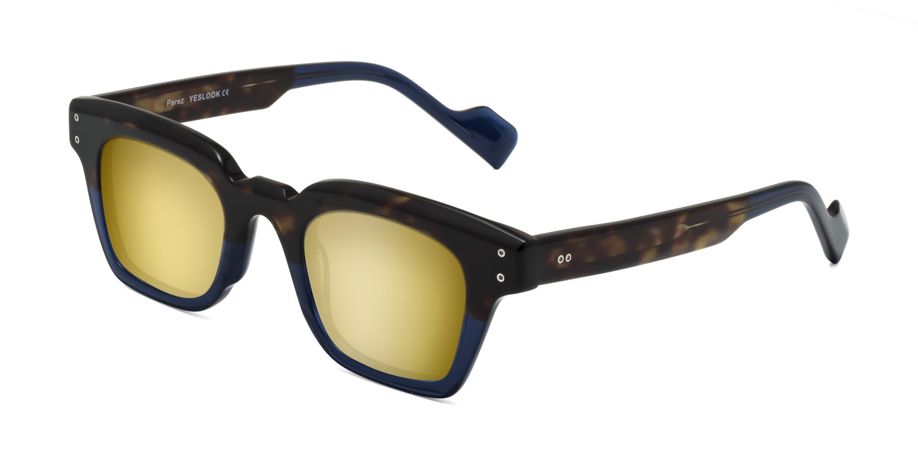 Angle of Perez in Dark Tortoise/Blue with Gold Mirrored Lenses
