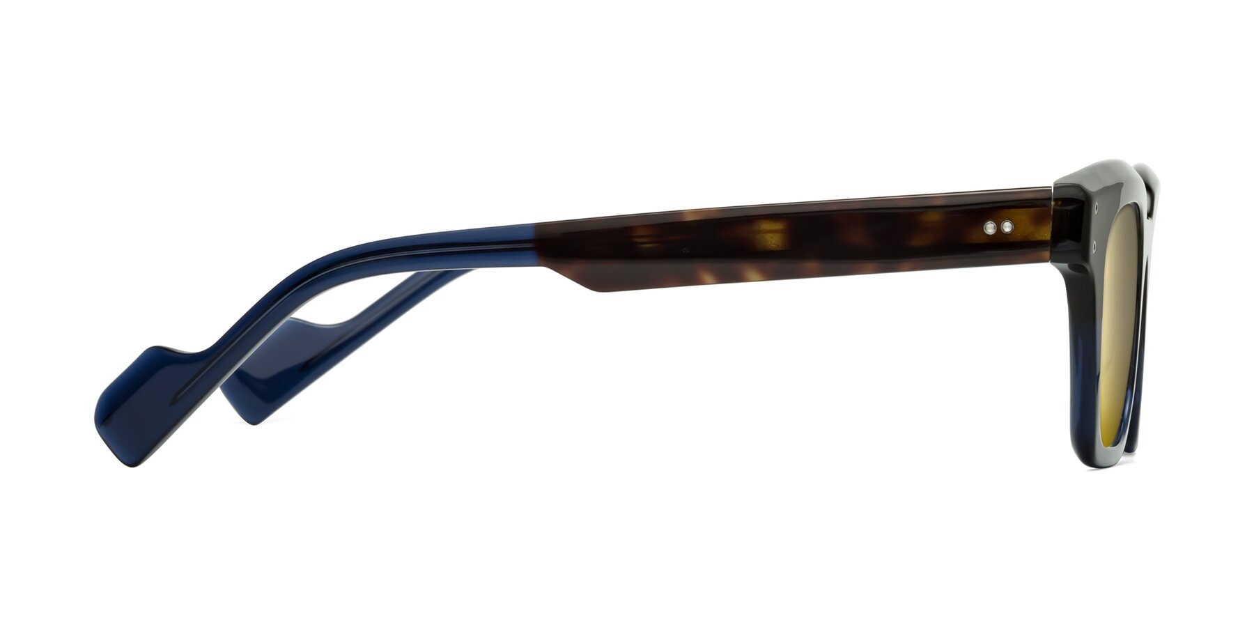 Side of Perez in Dark Tortoise/Blue with Gold Mirrored Lenses