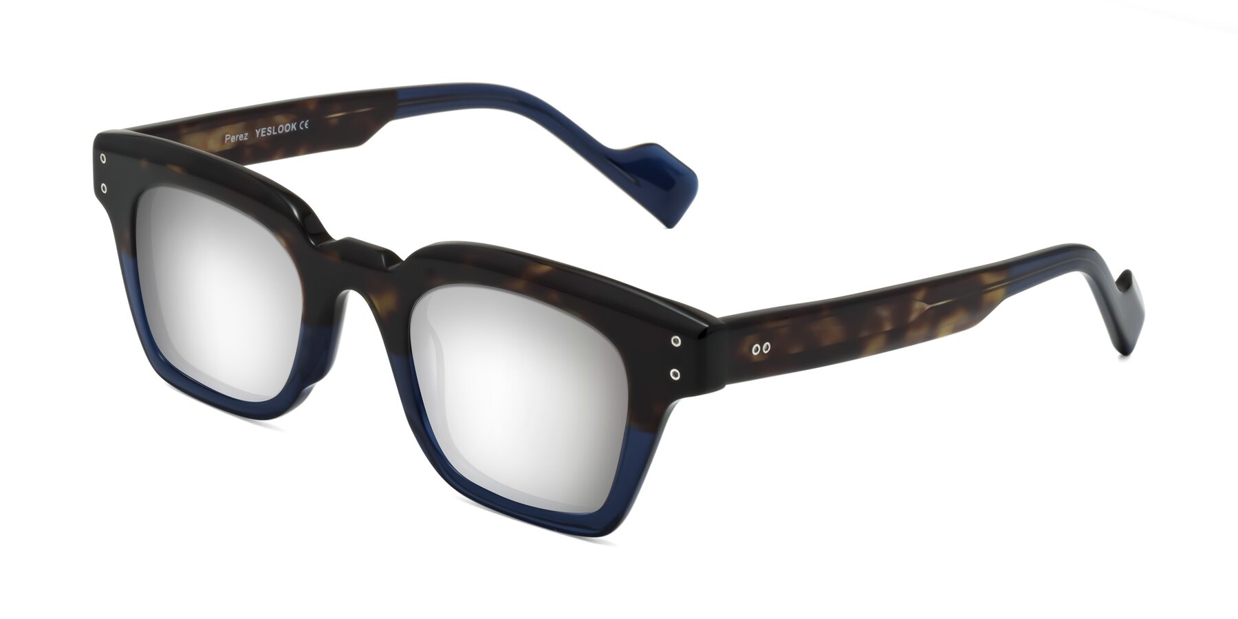 Angle of Perez in Dark Tortoise/Blue with Silver Mirrored Lenses
