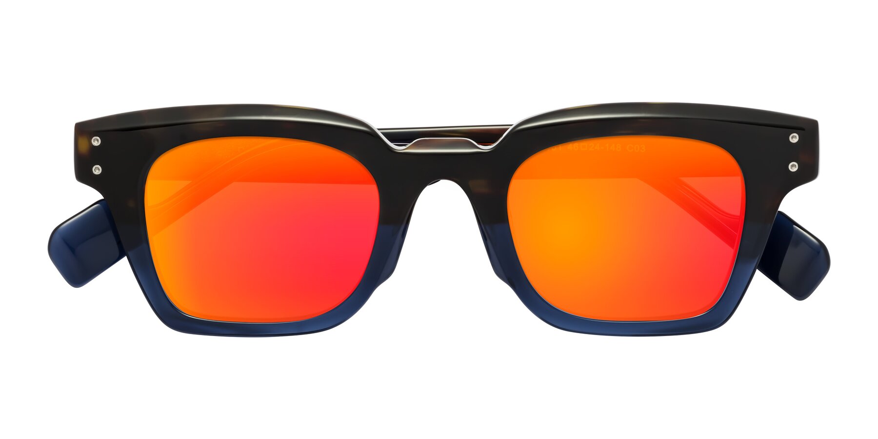 Folded Front of Perez in Dark Tortoise/Blue with Red Gold Mirrored Lenses