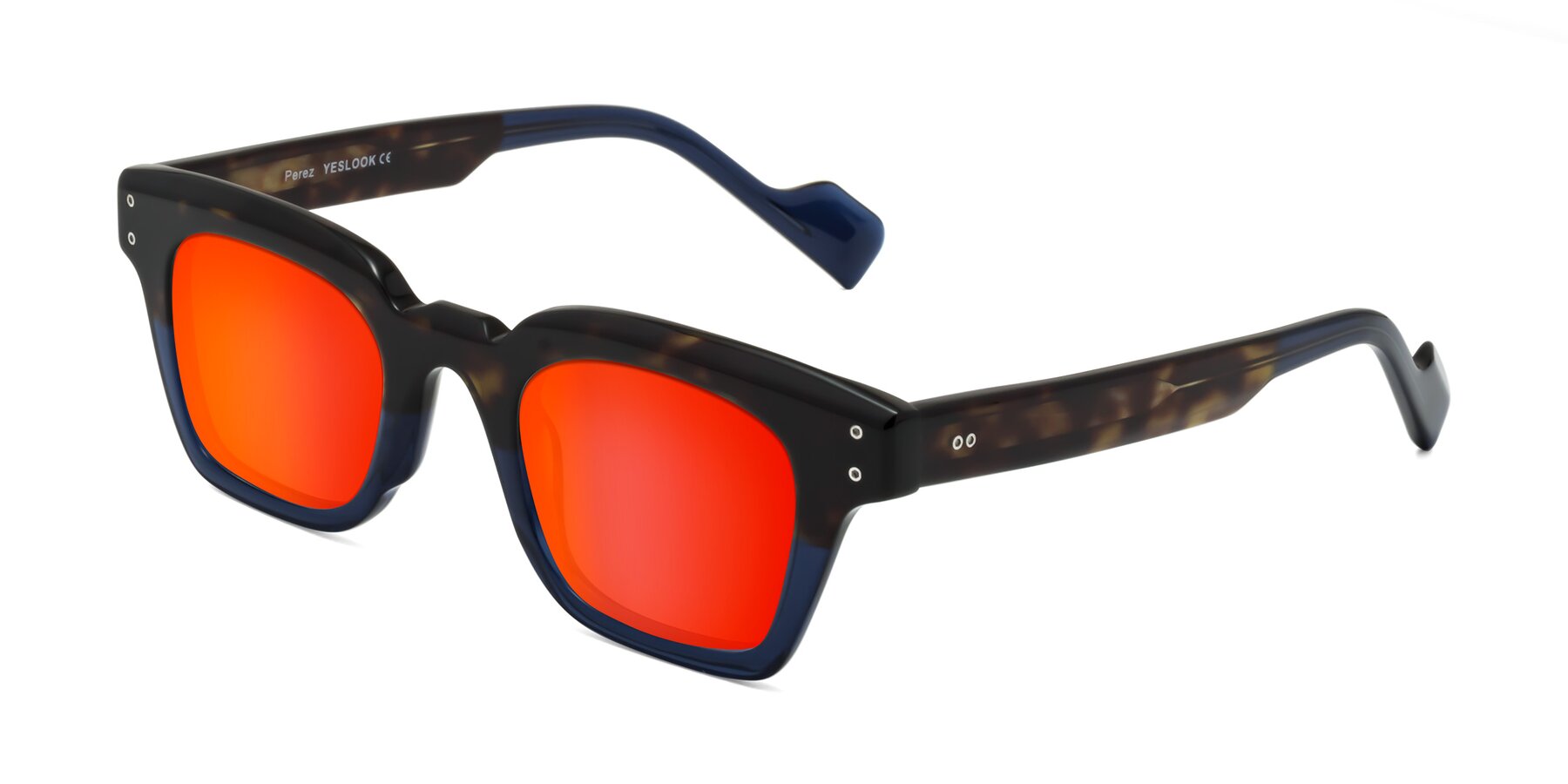 Angle of Perez in Dark Tortoise/Blue with Red Gold Mirrored Lenses