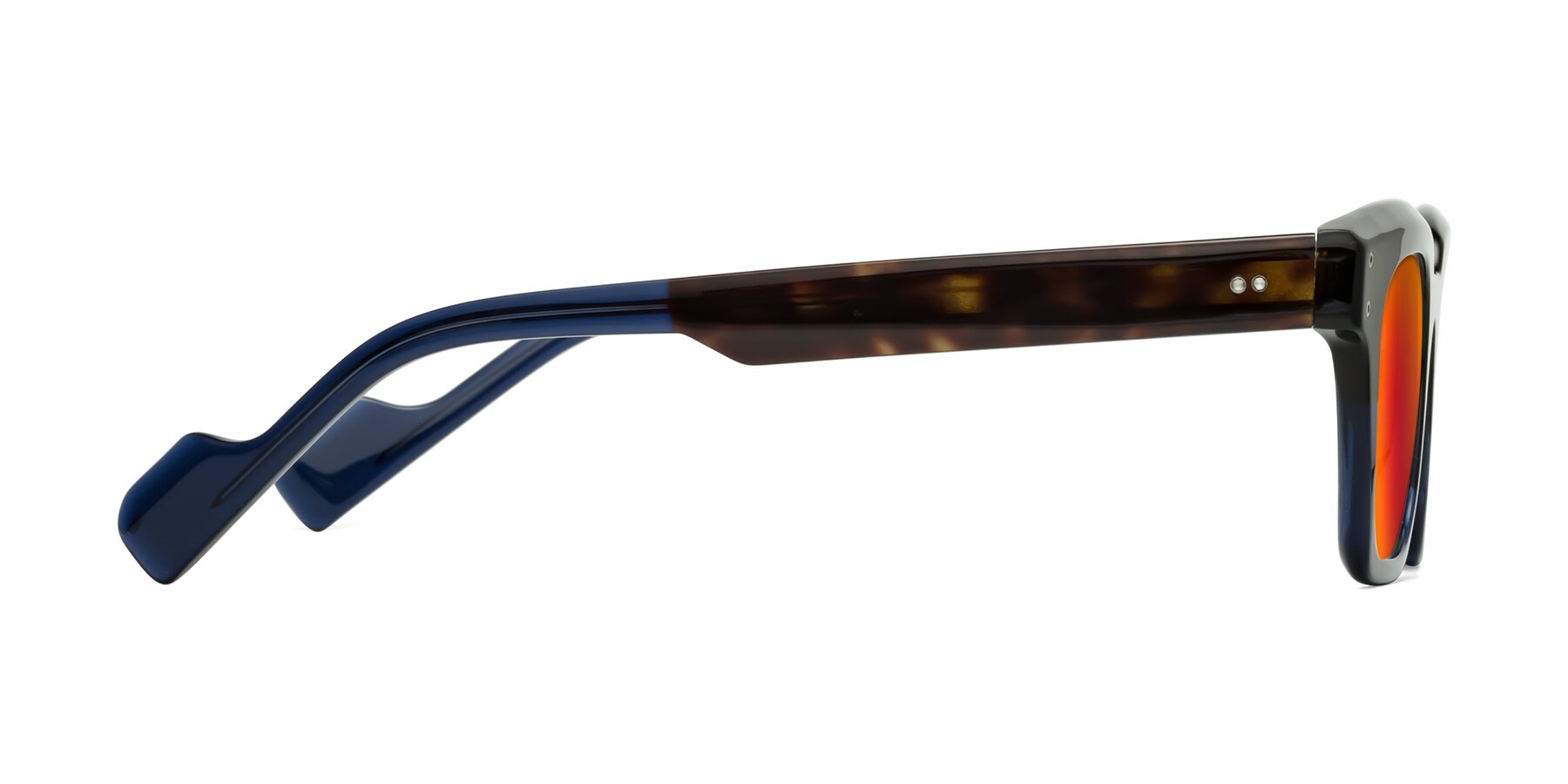 Side of Perez in Dark Tortoise/Blue with Red Gold Mirrored Lenses