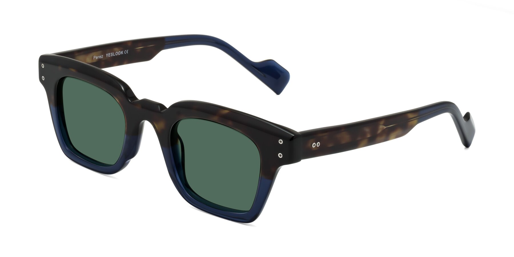 Angle of Perez in Dark Tortoise/Blue with Green Polarized Lenses