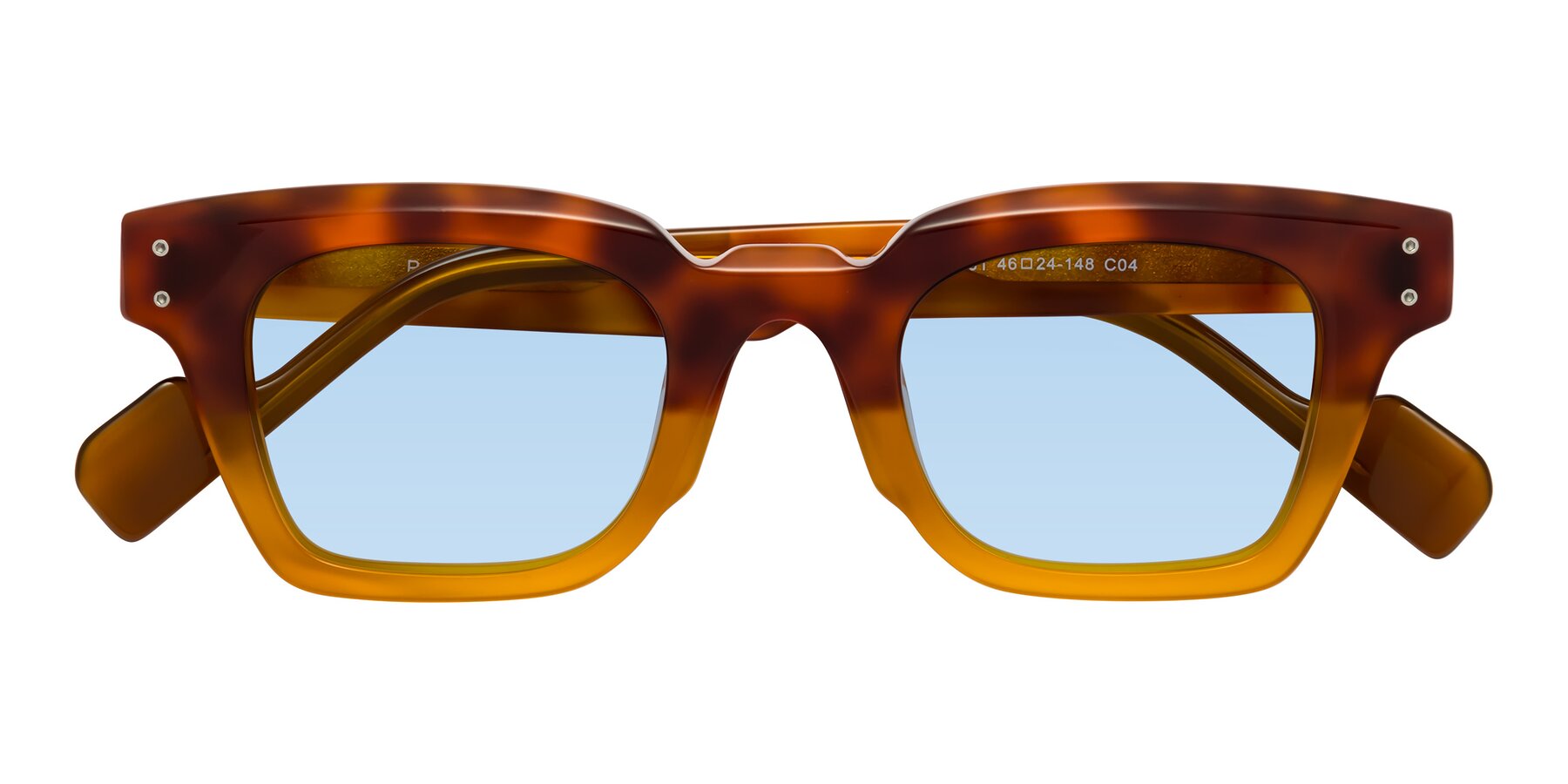 Folded Front of Perez in Tortoise/Amber with Light Blue Tinted Lenses