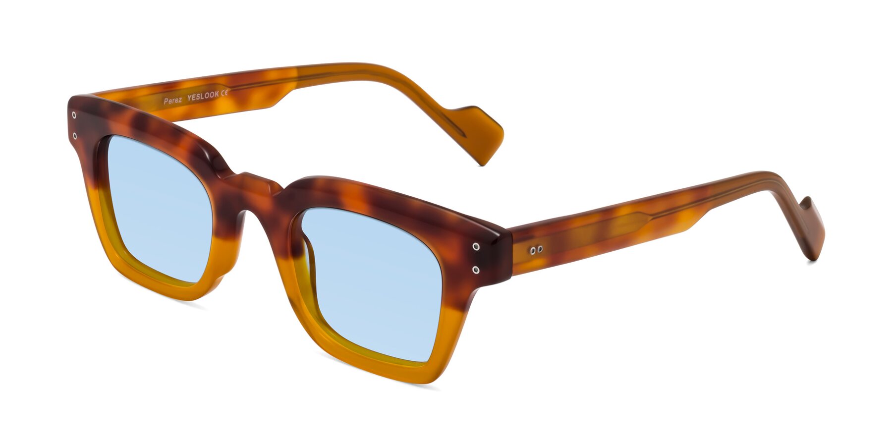 Angle of Perez in Tortoise/Amber with Light Blue Tinted Lenses