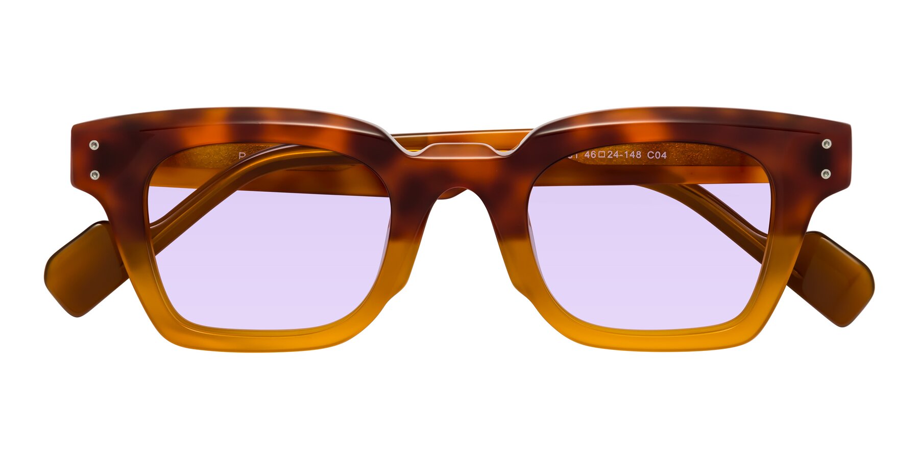 Folded Front of Perez in Tortoise/Amber with Light Purple Tinted Lenses