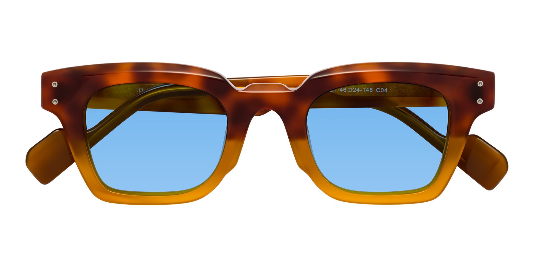 Folded Front of Perez in Tortoise/Amber with Medium Blue Tinted Lenses