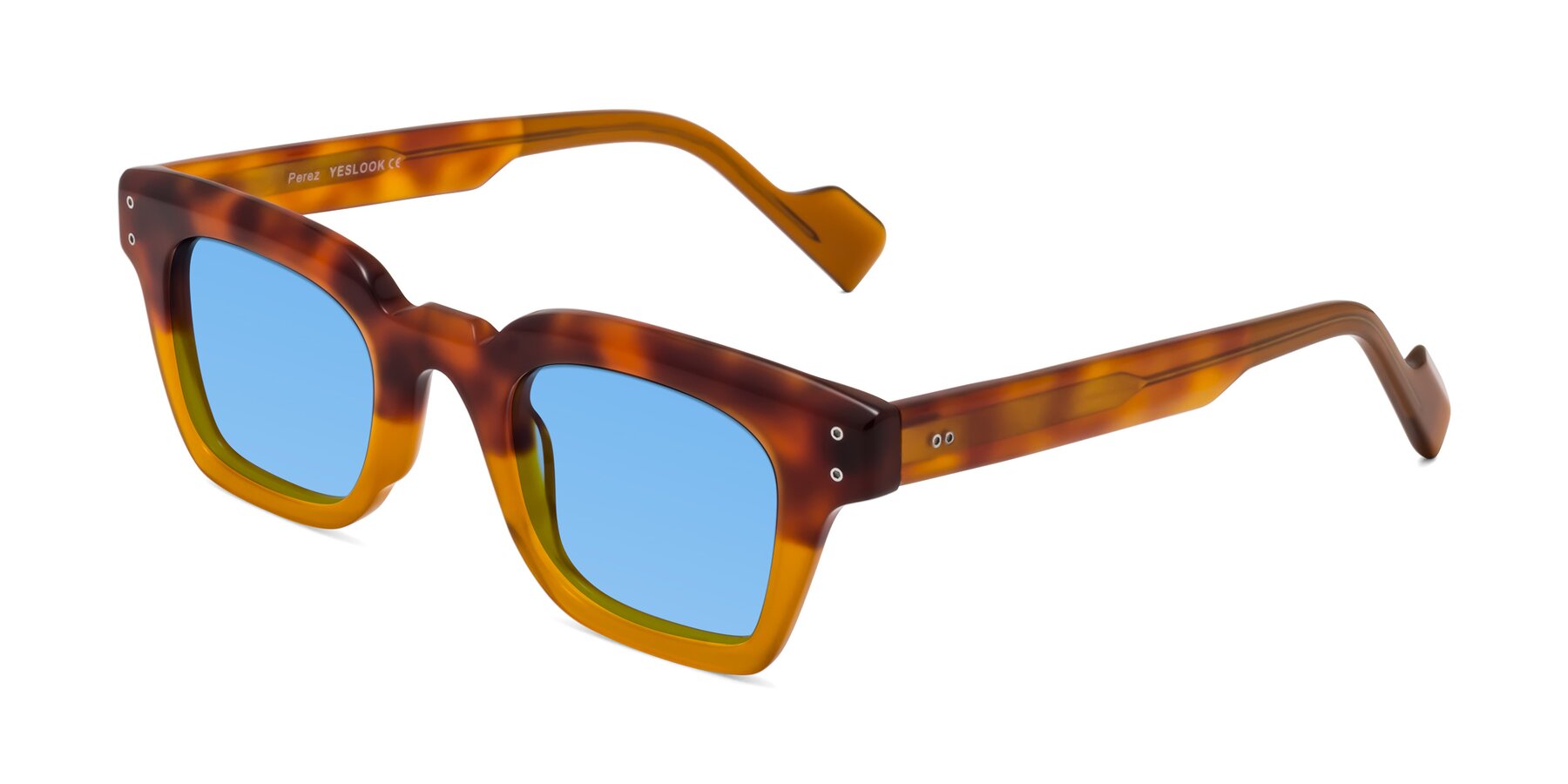 Angle of Perez in Tortoise/Amber with Medium Blue Tinted Lenses