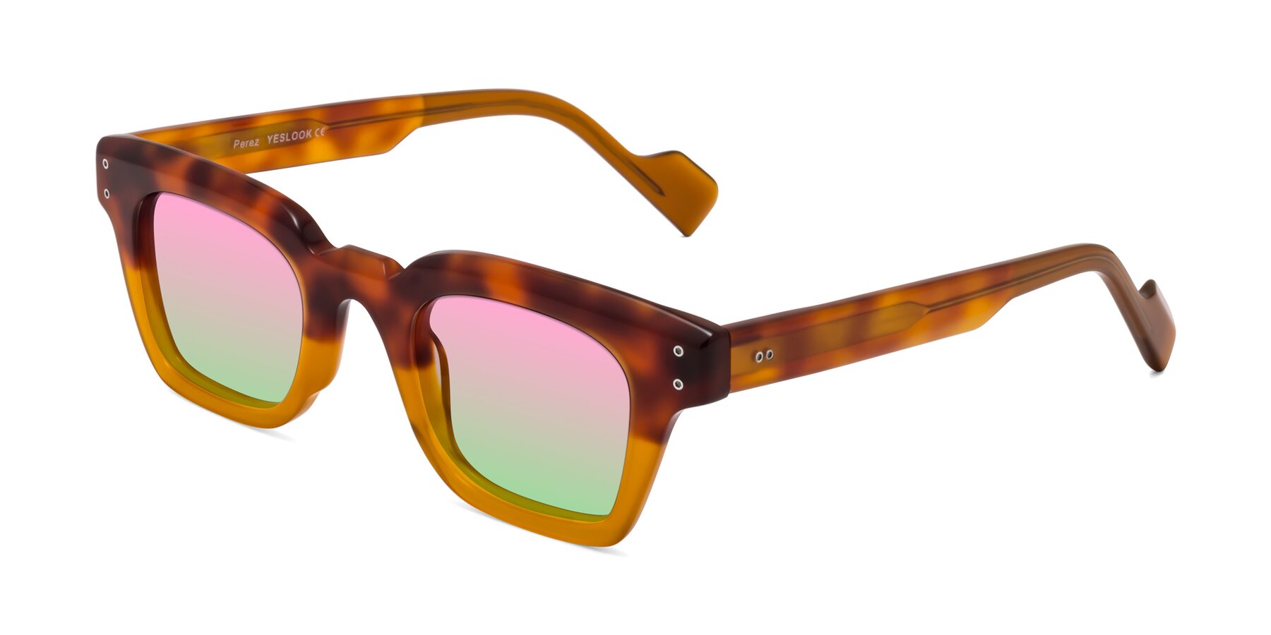 Angle of Perez in Tortoise/Amber with Pink / Green Gradient Lenses