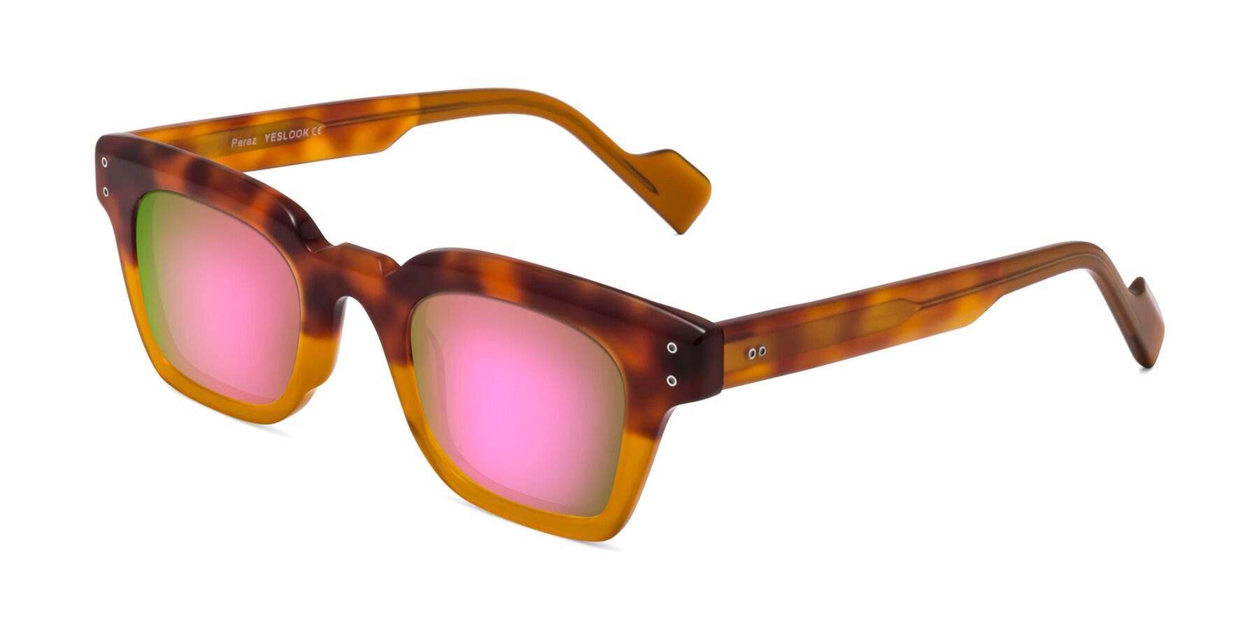 Angle of Perez in Tortoise/Amber with Pink Mirrored Lenses