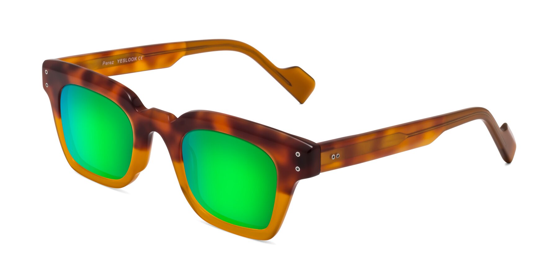 Angle of Perez in Tortoise/Amber with Green Mirrored Lenses