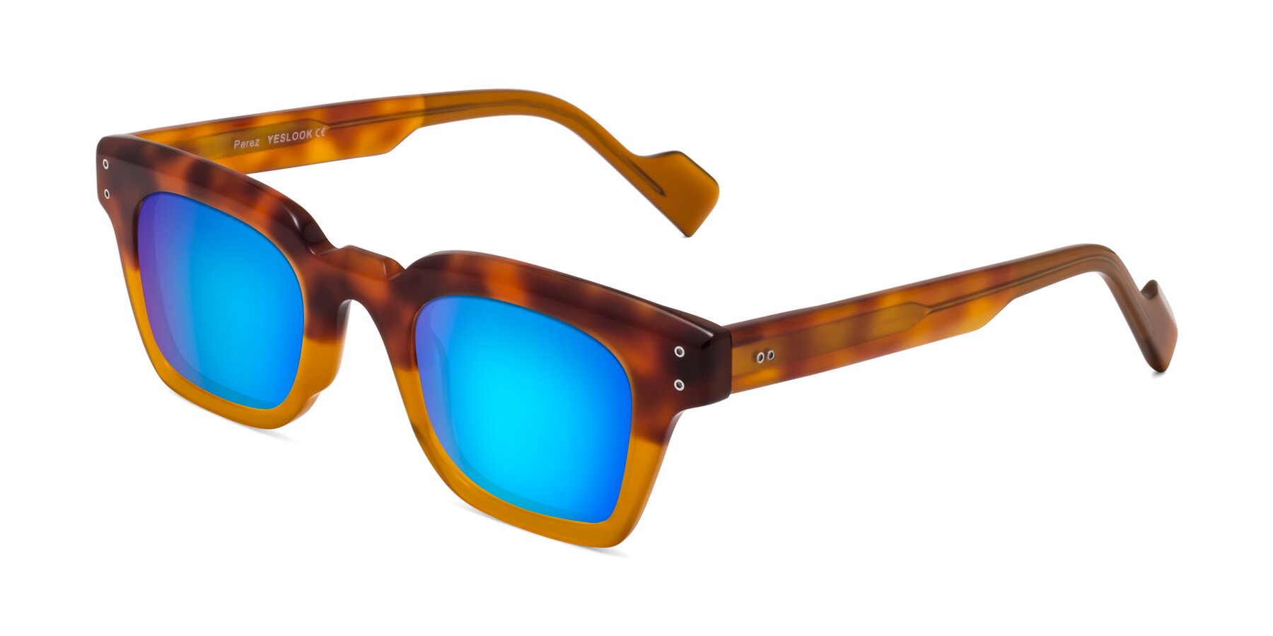 Angle of Perez in Tortoise/Amber with Blue Mirrored Lenses