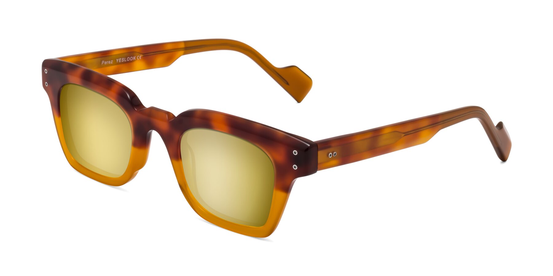 Angle of Perez in Tortoise/Amber with Gold Mirrored Lenses