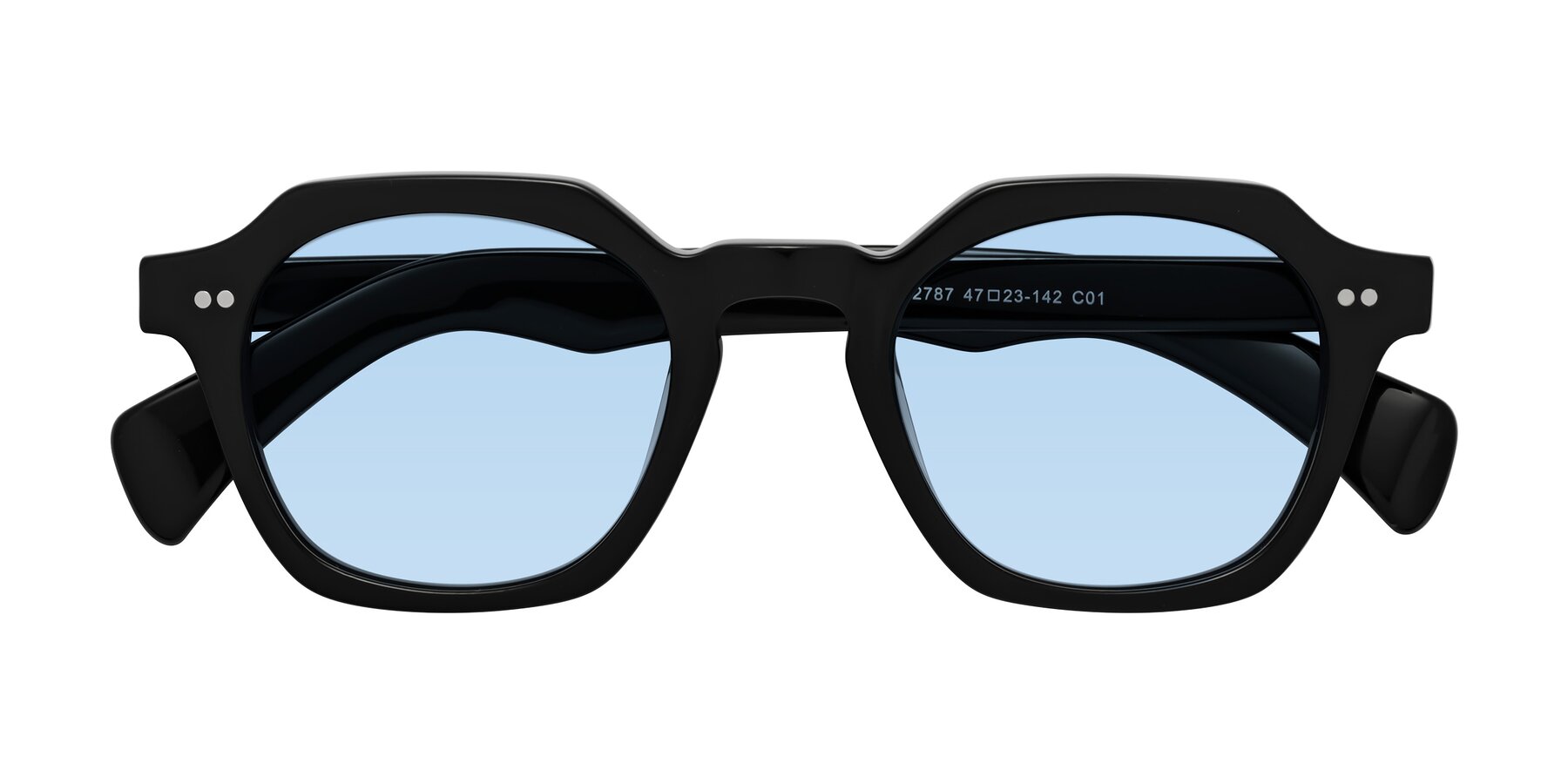 Folded Front of Beckett in Black with Light Blue Tinted Lenses