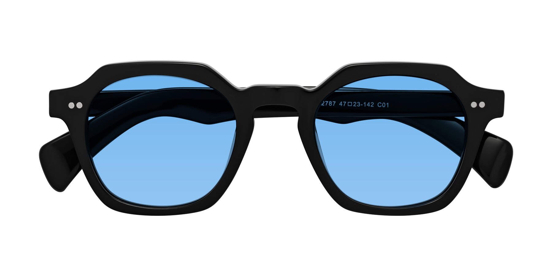 Folded Front of Beckett in Black with Medium Blue Tinted Lenses