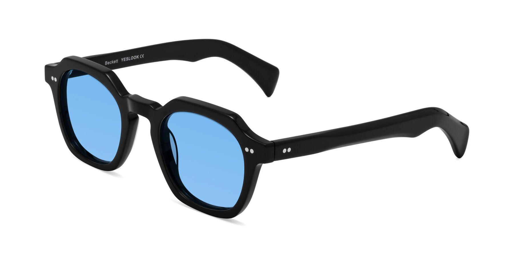Angle of Beckett in Black with Medium Blue Tinted Lenses