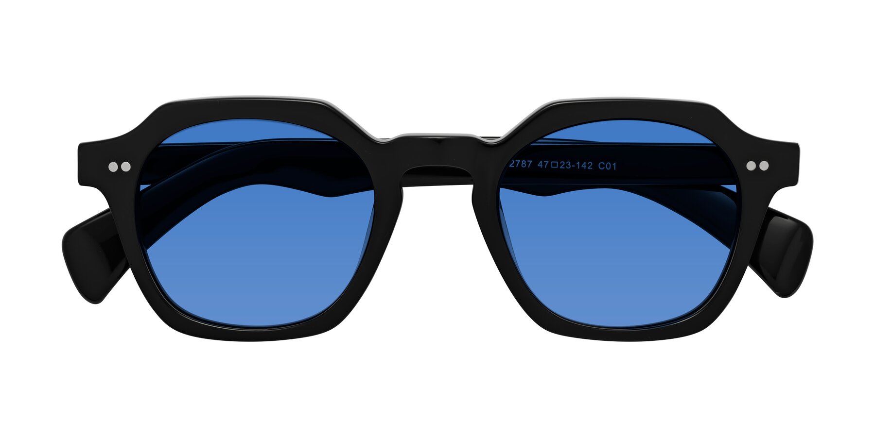 Folded Front of Beckett in Black with Blue Tinted Lenses