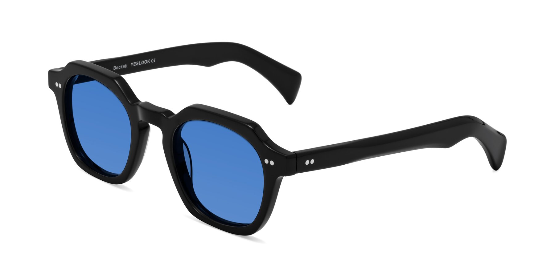 Angle of Beckett in Black with Blue Tinted Lenses