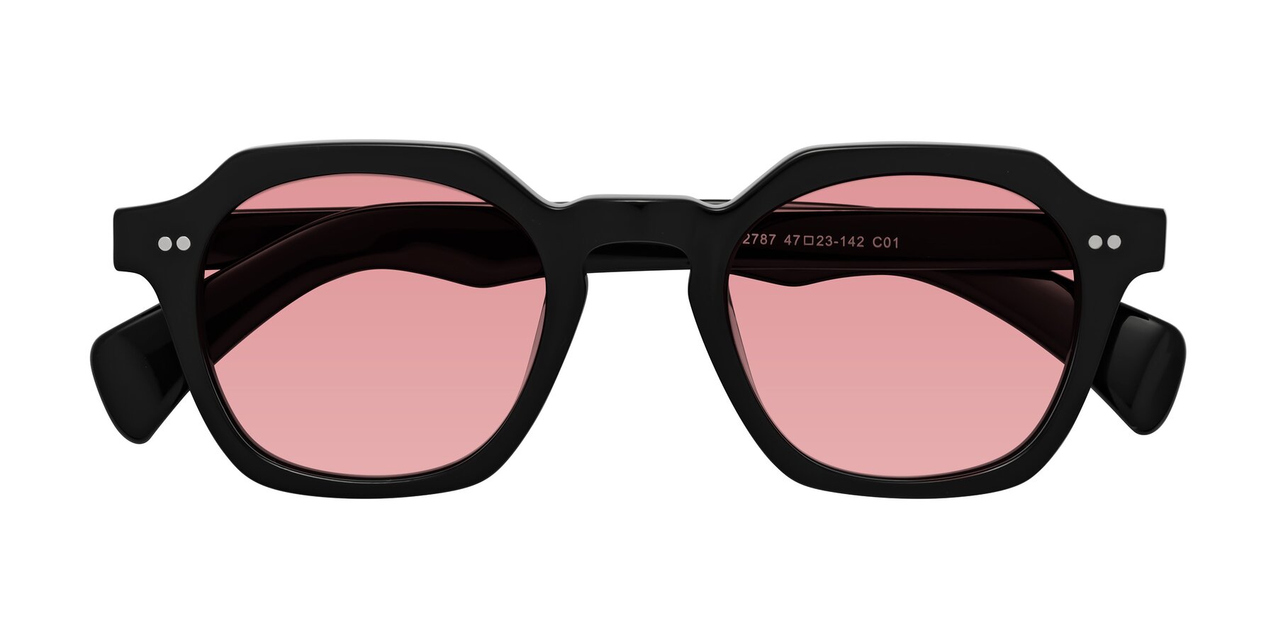 Folded Front of Beckett in Black with Medium Garnet Tinted Lenses