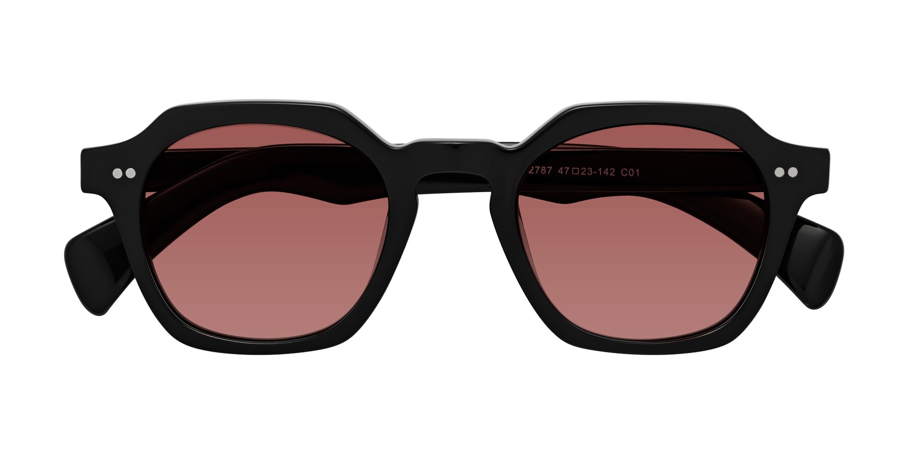 Folded Front of Beckett in Black with Garnet Tinted Lenses