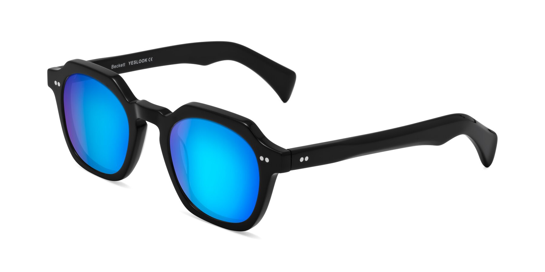 Angle of Beckett in Black with Blue Mirrored Lenses