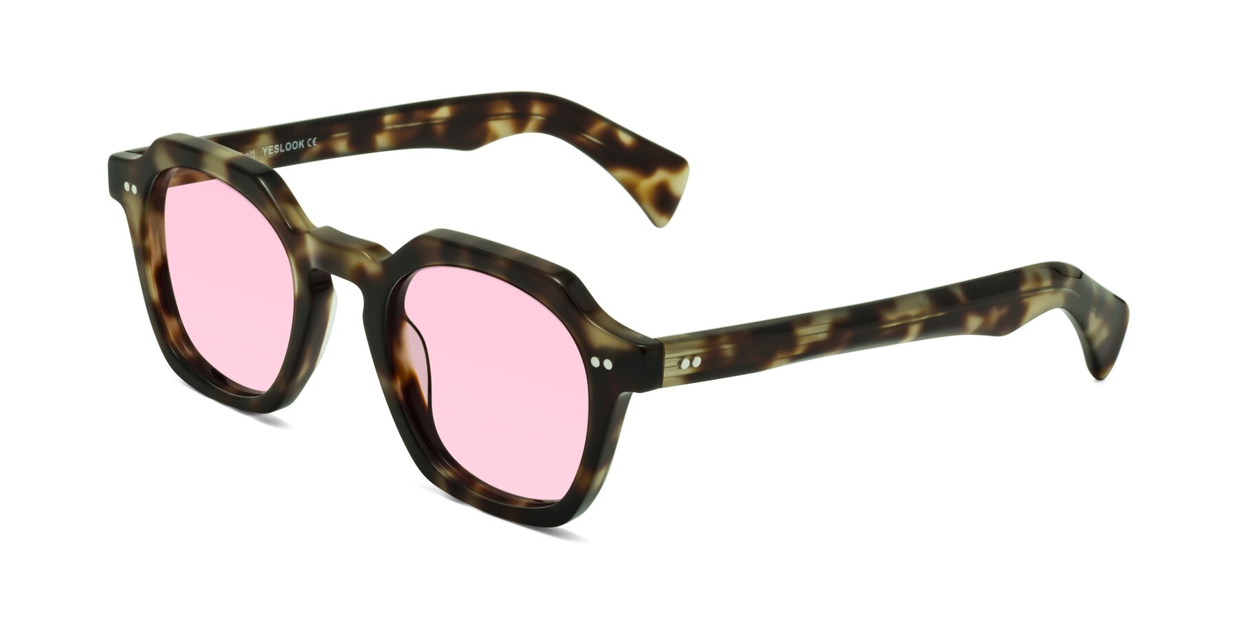 Angle of Beckett in Olive Tortoise with Light Pink Tinted Lenses