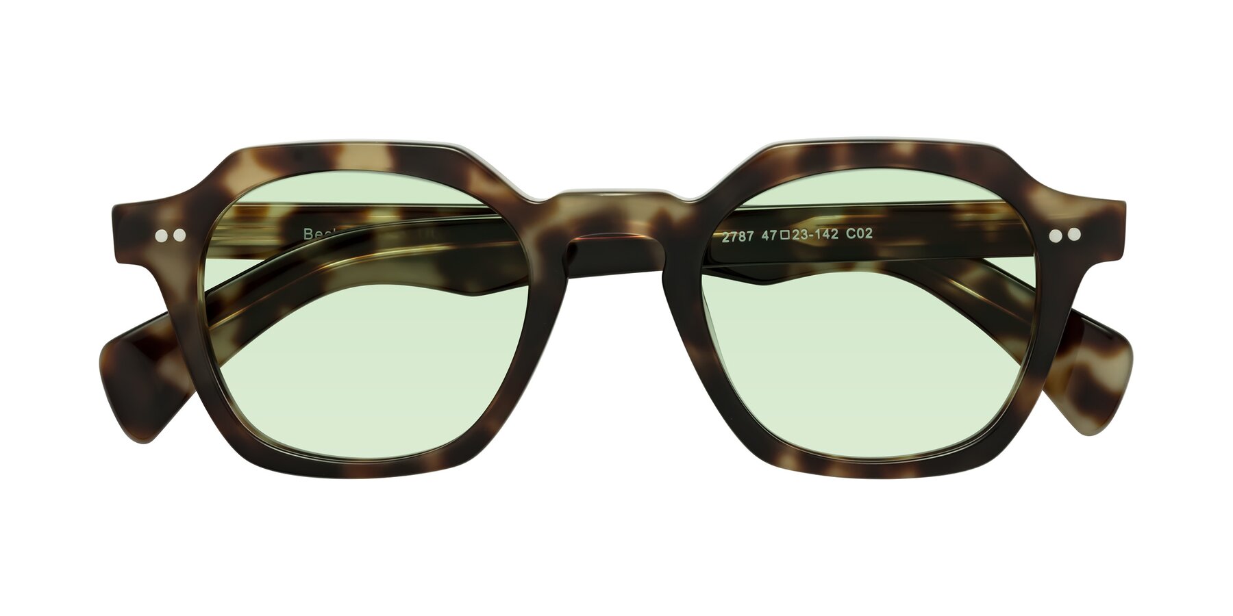 Folded Front of Beckett in Olive Tortoise with Light Green Tinted Lenses