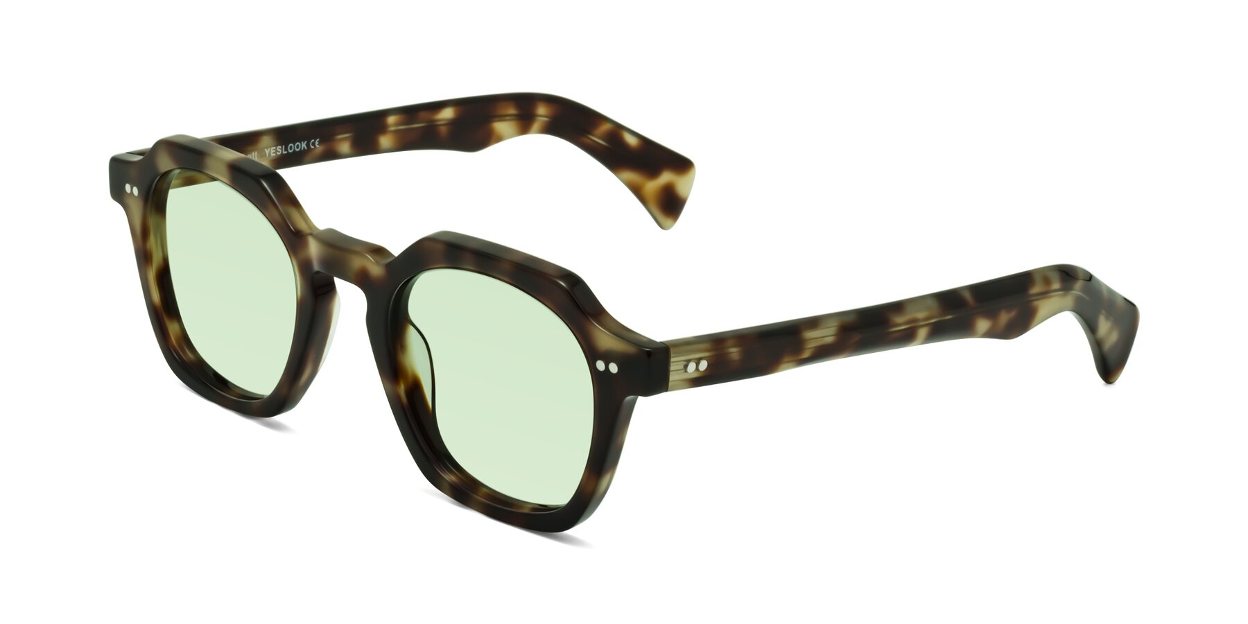 Angle of Beckett in Olive Tortoise with Light Green Tinted Lenses