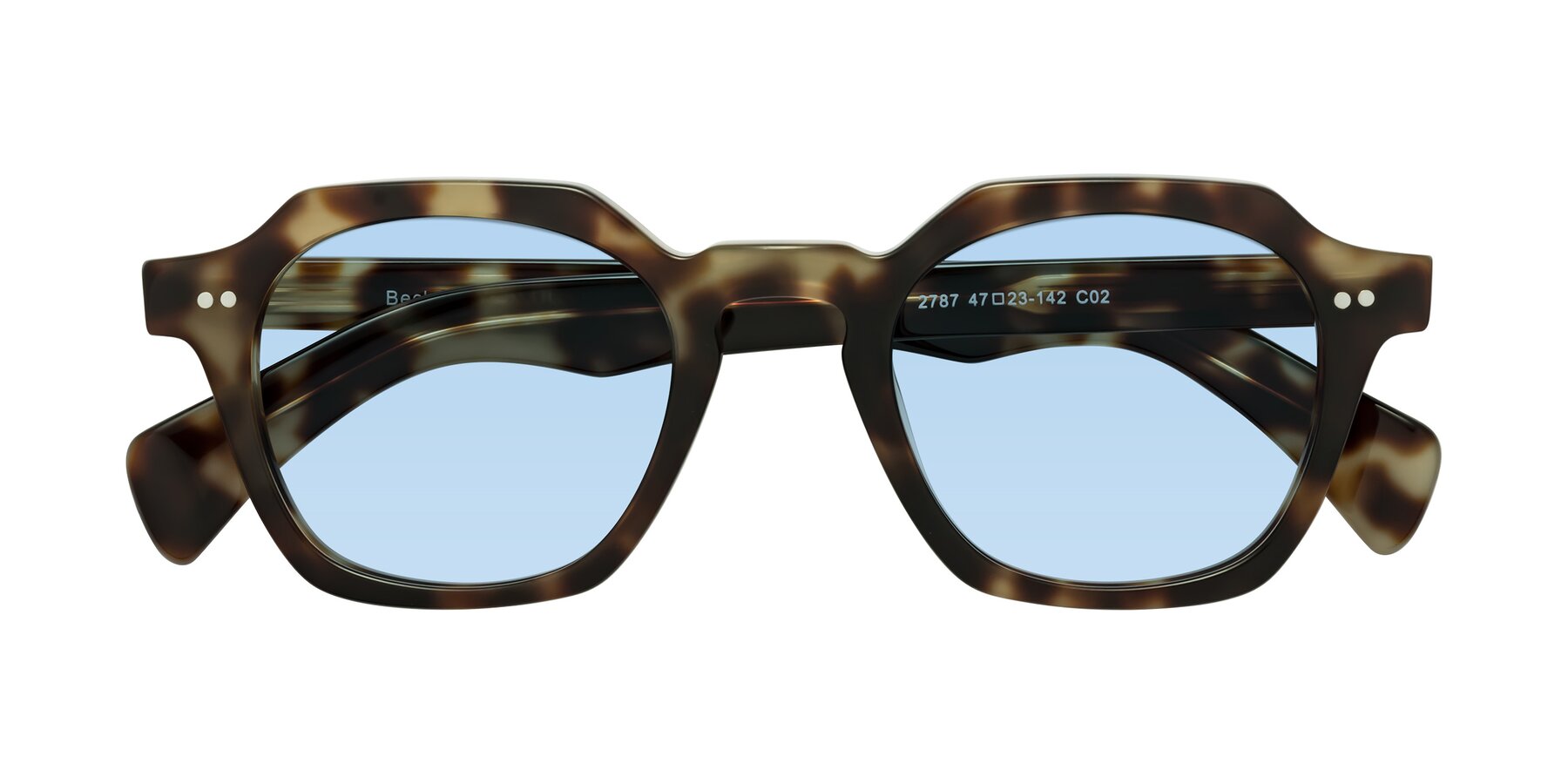 Folded Front of Beckett in Olive Tortoise with Light Blue Tinted Lenses