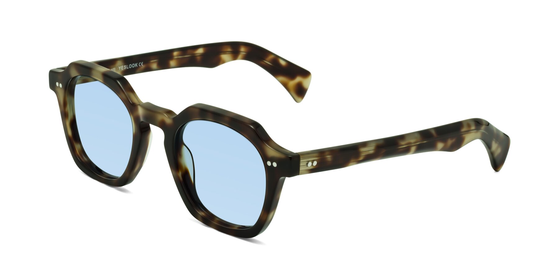 Angle of Beckett in Olive Tortoise with Light Blue Tinted Lenses