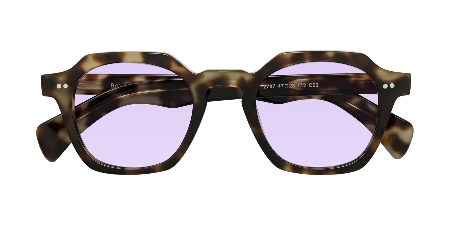 Folded Front of Beckett in Olive Tortoise with Light Purple Tinted Lenses