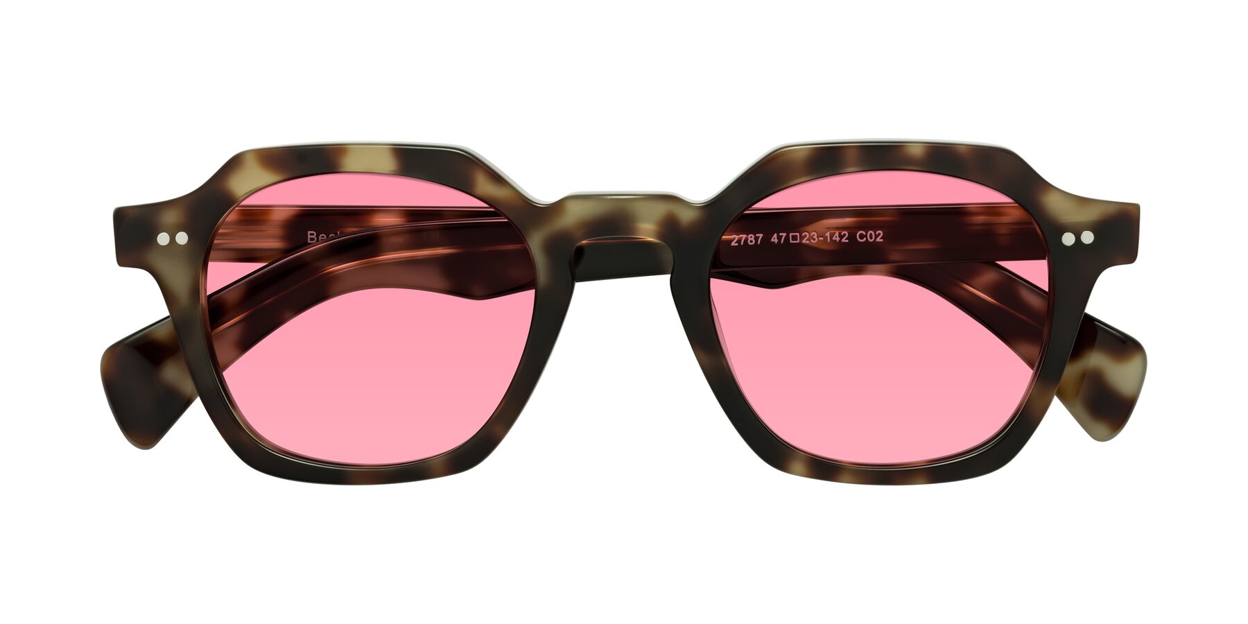 Folded Front of Beckett in Olive Tortoise with Pink Tinted Lenses